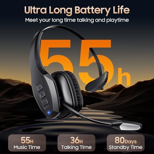 Trucker Bluetooth Headset, Wireless Headset with Mic, Bluetooth Headsets with Dual Noise Cancelling Microphone & Mute Button, 55Hrs Working Time PC Headsets for Cell Phones, Computer, Truck Driver - Image 7