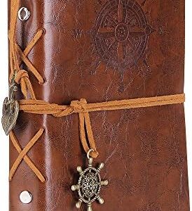 EvZ Leather Writing Journal Notebook, 7 Inches Vintage Nautical Spiral Blank String Diary Notepad Sketchbook Travel to Write in, Unlined Paper, Retro Pendants, Classic Embossed, Retro Brown