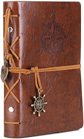 EvZ Leather Writing Journal Notebook, 7 Inches Vintage Nautical Spiral Blank String Diary Notepad Sketchbook Travel to Write in, Unlined Paper, Retro Pendants, Classic Embossed, Retro Brown