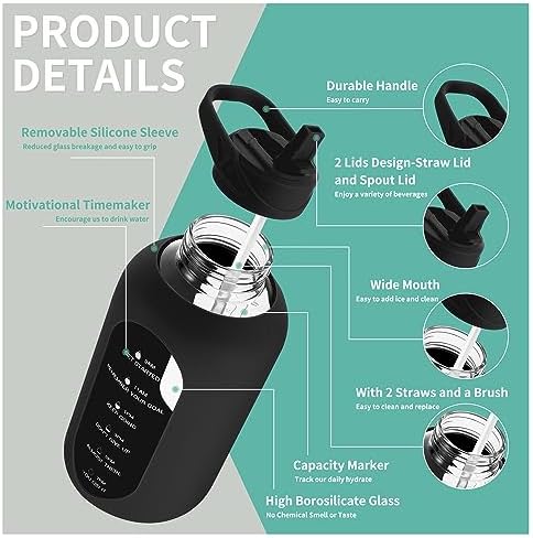 CIVAGO 64 oz Glass Water Bottle Jug with Straw and Handle, Half Gallon Sports Motivational Water Bottle with Time Marker, Wide Mouth Flask Canteen with Silicone Sleeve for Gym, Black - Image 3