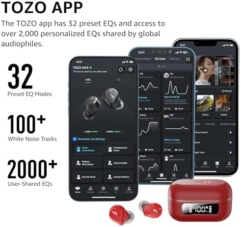 TOZO Hybrid Active Noise Cancelling Wireless Earbuds, 6 Mics ENC Clear Call, IPX8 Waterproof, in Ear Bluetooth 5.3 Headphones Stereo Bass Ear Buds 59H Playtime with LED Display 32 EQs via APP - Image 6
