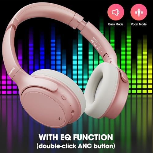 INFURTURE H1 Plus Doubly Fed Hybrid Active Noise Cancelling Headphones with EQ Mode,Wireless Over Ear Bluetooth Headphones with 4 Microphone, 90H Playtime,Lightweight for Home Travel Office(Pink) - Image 3