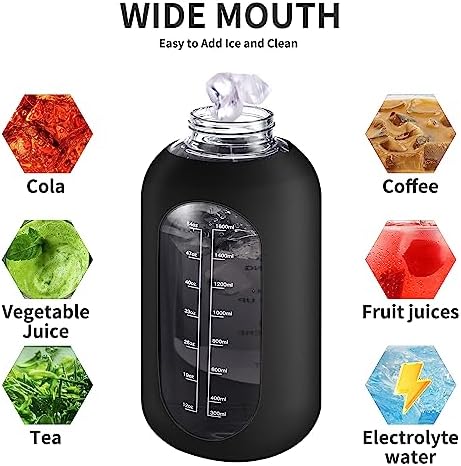 CIVAGO 64 oz Glass Water Bottle Jug with Straw and Handle, Half Gallon Sports Motivational Water Bottle with Time Marker, Wide Mouth Flask Canteen with Silicone Sleeve for Gym, Black - Image 5