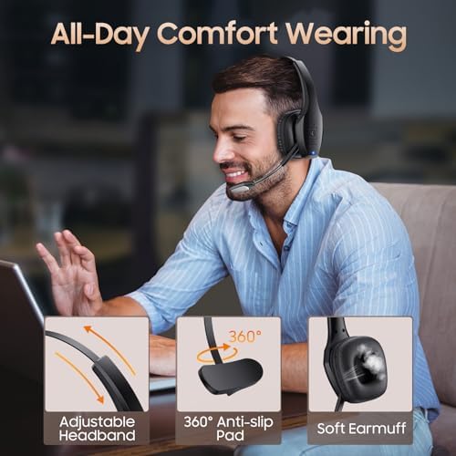 Trucker Bluetooth Headset, Wireless Headset with Mic, Bluetooth Headsets with Dual Noise Cancelling Microphone & Mute Button, 55Hrs Working Time PC Headsets for Cell Phones, Computer, Truck Driver - Image 5