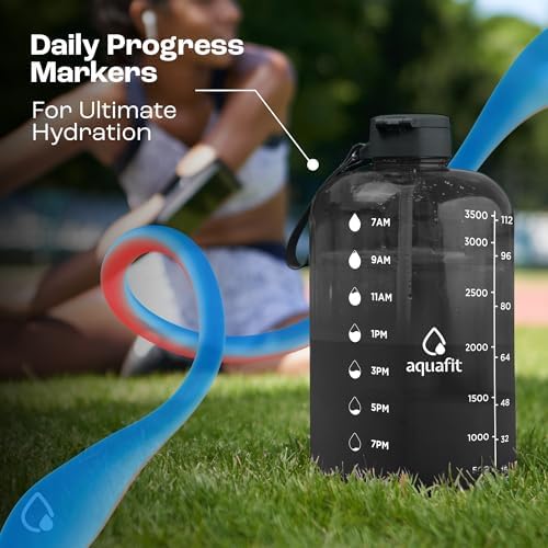 AQUAFIT 1 Gallon Water Bottle with Time Marker - Straw & Chug Lid - BPA Free Big Water Bottle with Straw - Gym Water Bottle with Handle - Gallon Water Jug (128 Ounces, Gray) - Image 6