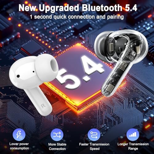 Wireless Earbuds, 2025 Bluetooth 5.4 Headphone 3D Bass Hi-Fi Stereo Ear Buds, 4 ENC Noise Cancelling Mic, 40H 3g USB-C in-Ear Earphone, IP7 Waterproof Workout Sport for Laptop Pad Android iOS, White - Image 2