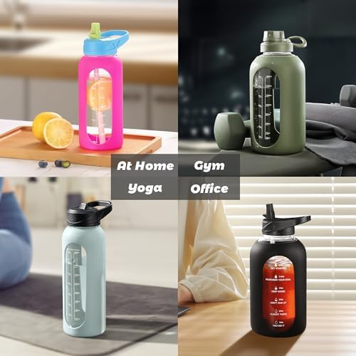 CIVAGO 64 oz Glass Water Bottle Jug with Straw and Handle, Half Gallon Sports Motivational Water Bottle with Time Marker, Wide Mouth Flask Canteen with Silicone Sleeve for Gym, Black - Image 7
