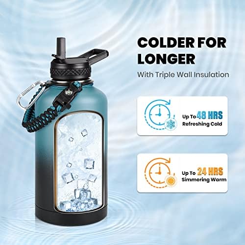 Insulated Water Bottle 64 oz, Triple Wall Vacuum Stainless Steel (Cold for 48 Hrs), Leak Proof & Non-BPA, Half Gallon Water Flask Jug with Paracord Handle & Straw Spout Lids - Image 2