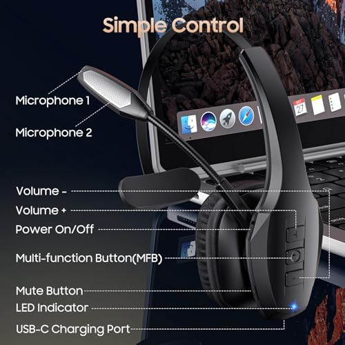 Trucker Bluetooth Headset, Wireless Headset with Mic, Bluetooth Headsets with Dual Noise Cancelling Microphone & Mute Button, 55Hrs Working Time PC Headsets for Cell Phones, Computer, Truck Driver - Image 8