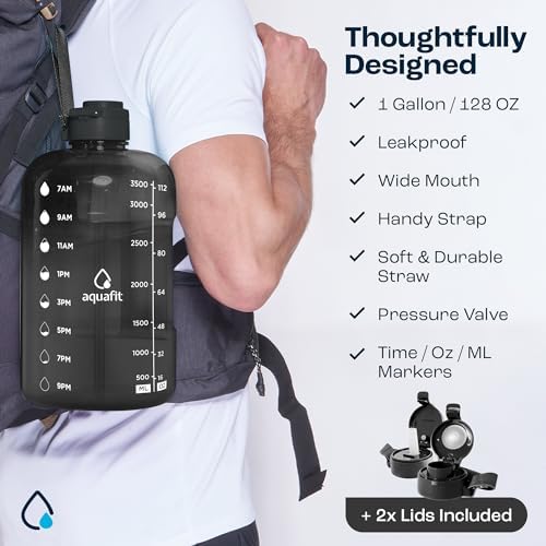 AQUAFIT 1 Gallon Water Bottle with Time Marker - Straw & Chug Lid - BPA Free Big Water Bottle with Straw - Gym Water Bottle with Handle - Gallon Water Jug (128 Ounces, Gray) - Image 5