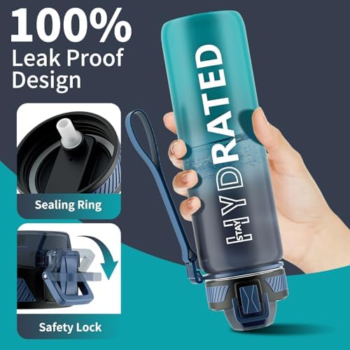 Water Bottle with Straw, 32oz Motivational Water Bottles with Time Marker to Drink, Tritan BPA Free, 1L Sports Water Bottle with Carry Strap LeakProof for Women Gym Fitness Outdoor (1 Pack) - Image 4