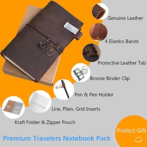 newestor Refillable Leather Journal Travelers Notebook - 8.5 x 4.5 Travel Diary with 5 Inserts + Pen Holder and Binder Clip, Standard Size, Brown - Image 2