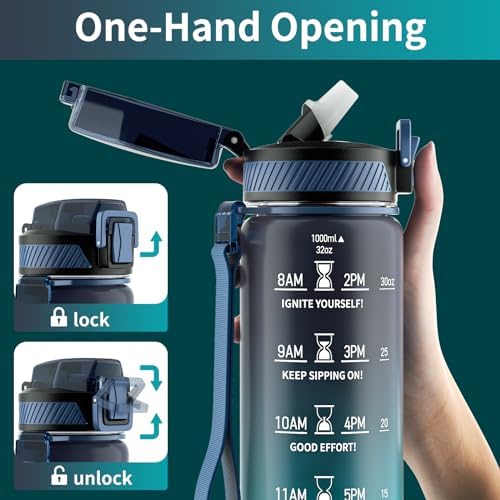 Water Bottle with Straw, 32oz Motivational Water Bottles with Time Marker to Drink, Tritan BPA Free, 1L Sports Water Bottle with Carry Strap LeakProof for Women Gym Fitness Outdoor (1 Pack) - Image 3