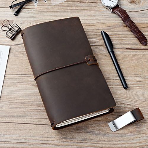 newestor Refillable Leather Journal Travelers Notebook - 8.5 x 4.5 Travel Diary with 5 Inserts + Pen Holder and Binder Clip, Standard Size, Brown - Image 4